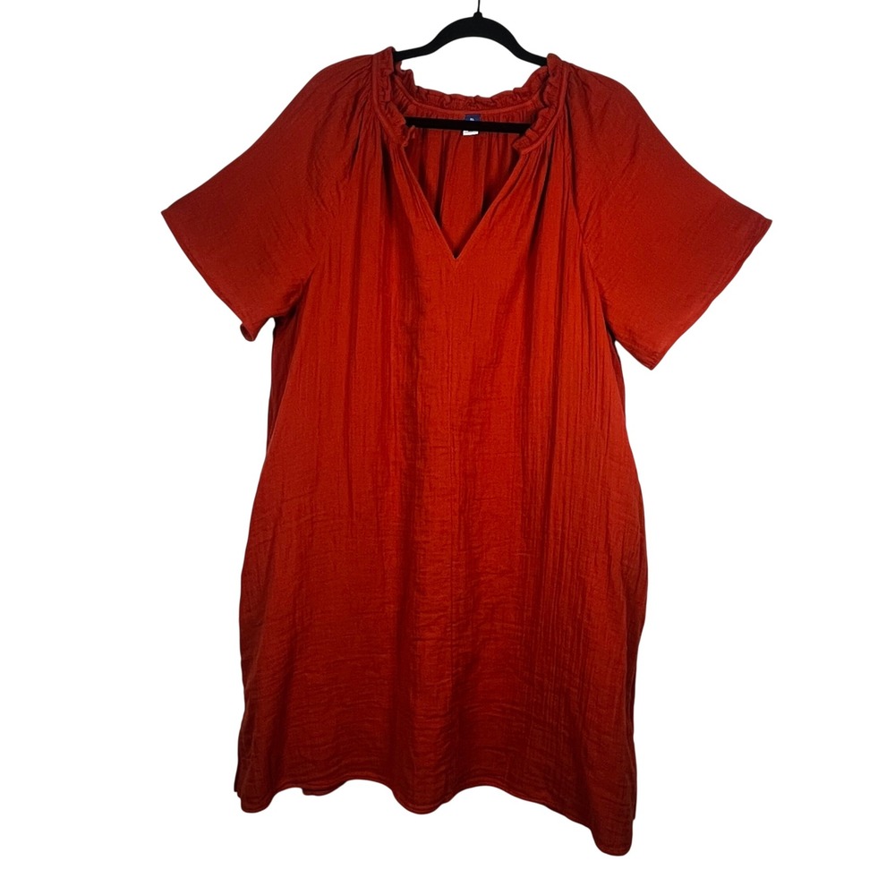 Old Navy Shift‎ Dress Burnt Orange Cotton Gauze Ruffle Neck 100% Cotton Size XL